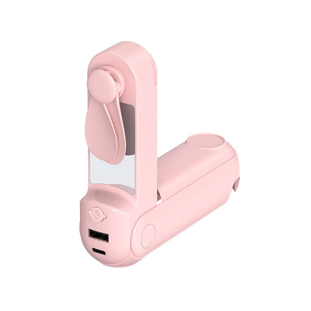 Unisex nan vikbar handfläkt med inbyggd USB-powerbank och kompakt spegel