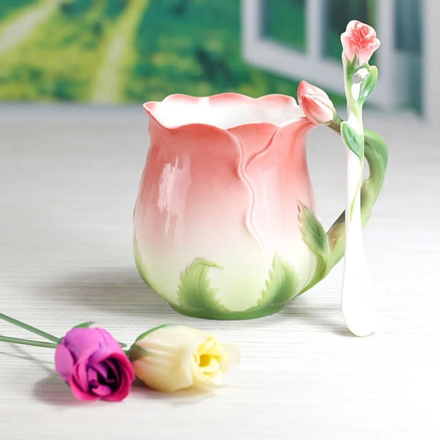 3D Ros Blomma Kaffe Mug Keramiska Kaffe Muggar Söt Estetisk Vattenglas med Sked Sommar Vinter Drickredskap Alla Hjärtans Dag Gåvor