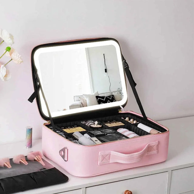 Resekosmetiskåpa med LED-spegel Makeup-väska