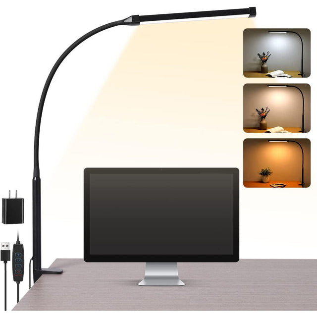 LED Skrivbordslampa med lampa, ögonvänliga klämlampor för hemmakontoret, 3 lägen 10 ljusstyrkenivåer, lång flexibel gåsnek, metall, svängarm arkitektuppgiftslampor med USB-adapter, vit