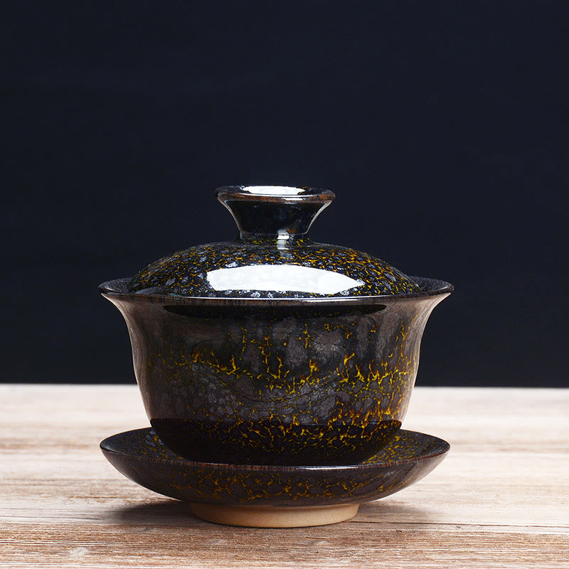 Vintage Ugn Keramisk Gaiwan Sancai Tekopp Tekopp och Fat med Lock