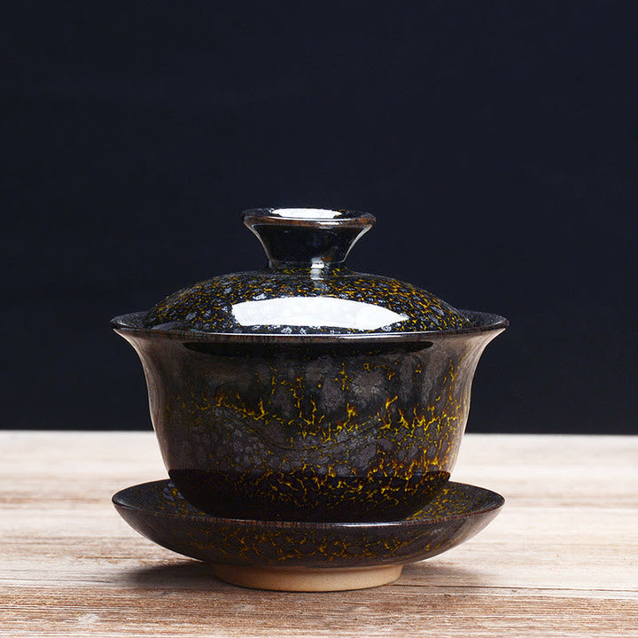 Vintage Ugn Keramisk Gaiwan Sancai Tekopp Tekopp och Fat med Lock