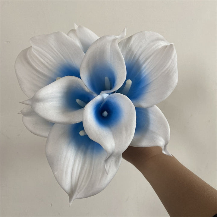 10 marinblå Calla-liljor PU Real Touch blommor bröllopsdekoration buketter borddekoration konstgjorda blommor heminredning