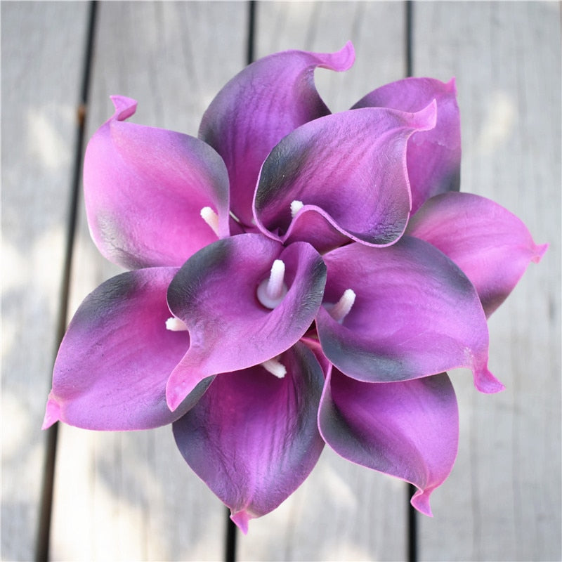 10 marinblå Calla-liljor PU Real Touch blommor bröllopsdekoration buketter borddekoration konstgjorda blommor heminredning