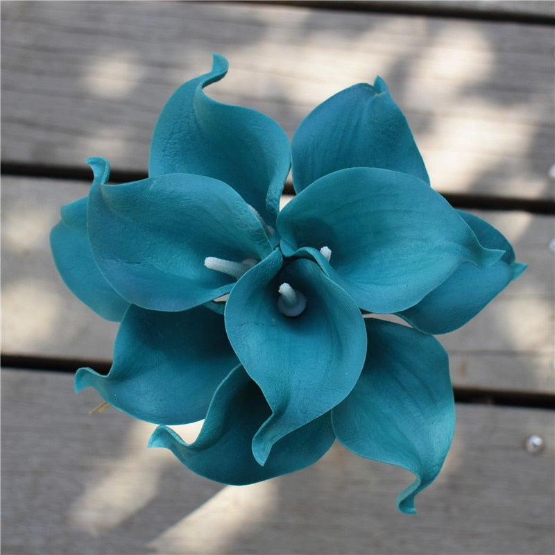 10 marinblå Calla-liljor PU Real Touch blommor bröllopsdekoration buketter borddekoration konstgjorda blommor heminredning