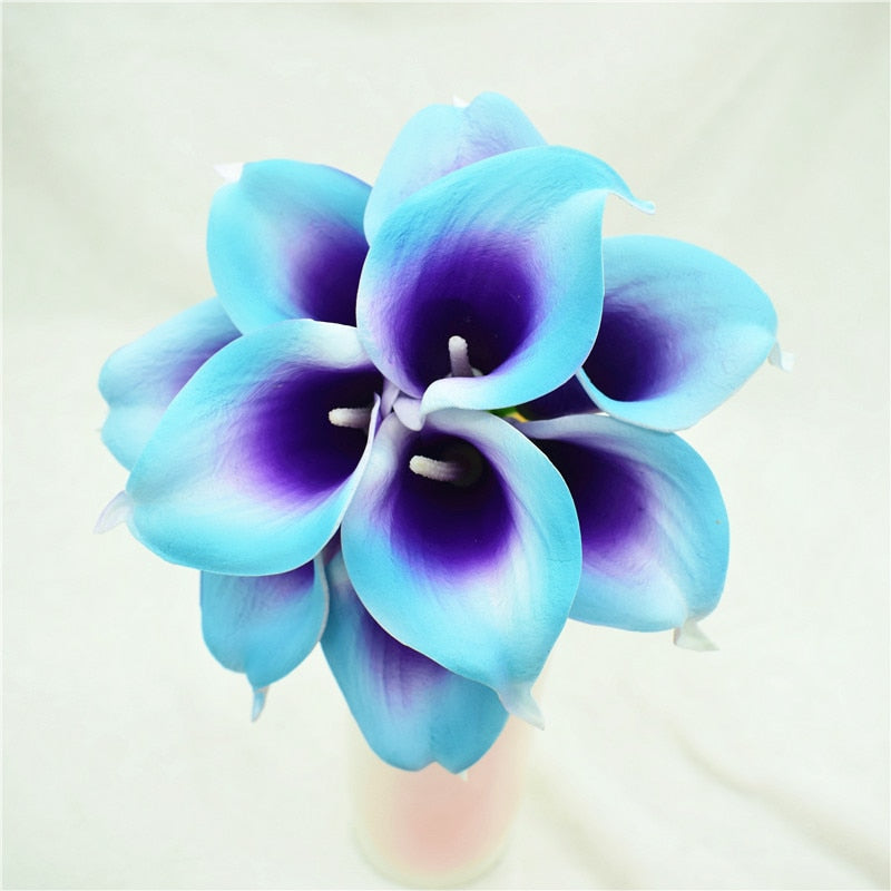 10 marinblå Calla-liljor PU Real Touch blommor bröllopsdekoration buketter borddekoration konstgjorda blommor heminredning