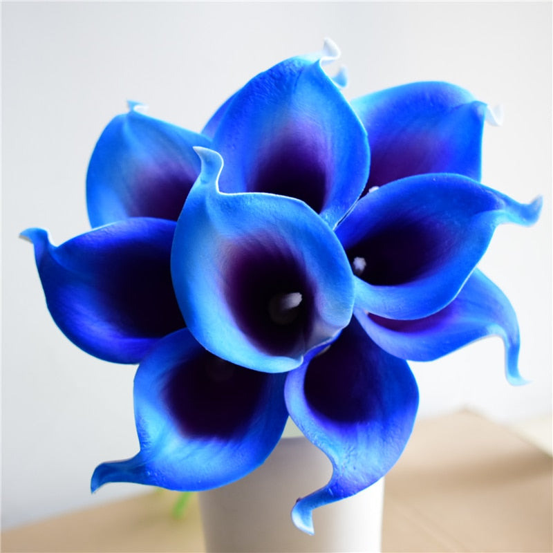 10 marinblå Calla-liljor PU Real Touch blommor bröllopsdekoration buketter borddekoration konstgjorda blommor heminredning