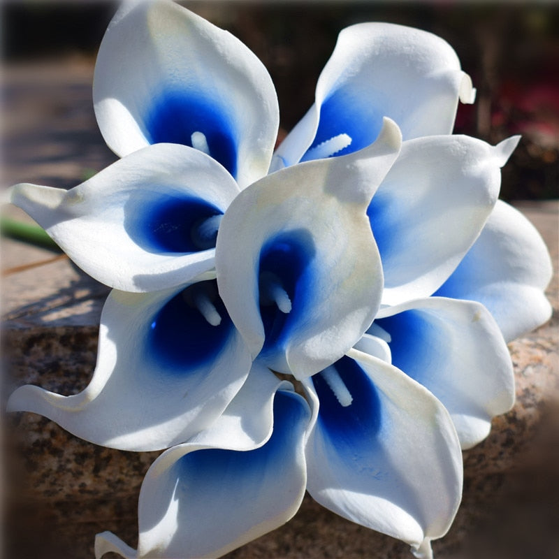 10 marinblå Calla-liljor PU Real Touch blommor bröllopsdekoration buketter borddekoration konstgjorda blommor heminredning