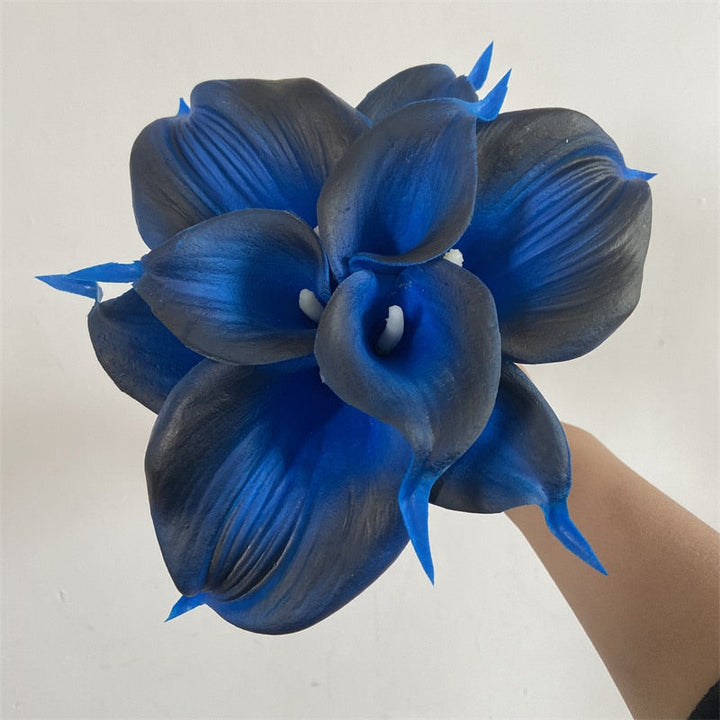 10 marinblå Calla-liljor PU Real Touch blommor bröllopsdekoration buketter borddekoration konstgjorda blommor heminredning