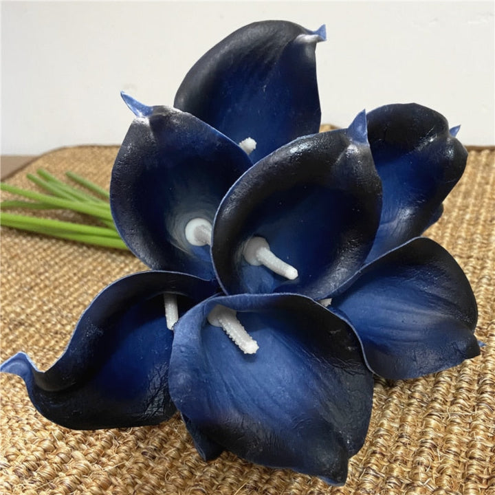 10 marinblå Calla-liljor PU Real Touch blommor bröllopsdekoration buketter borddekoration konstgjorda blommor heminredning