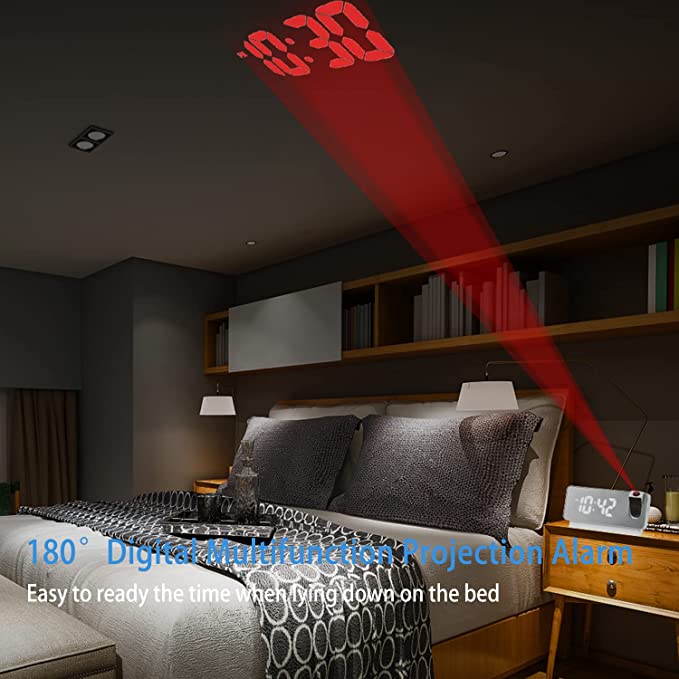 Projektionsväckarklocka | LED-display med spegelyta | Dubbelalarm &amp; Temperatur | 19 cm