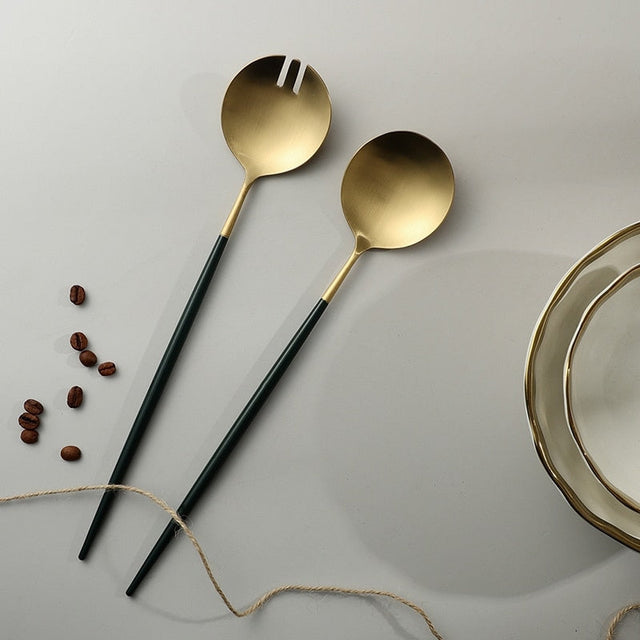 Svart och guld salladsbestick och serveringsverktyg set
