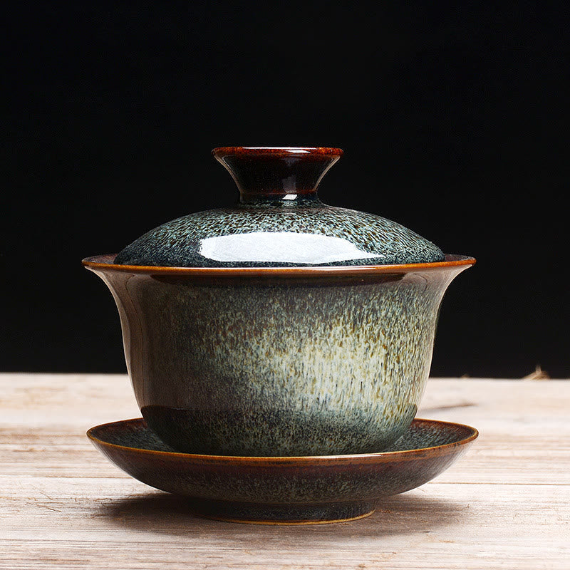 Vintage Ugn Keramisk Gaiwan Sancai Tekopp Tekopp och Fat med Lock