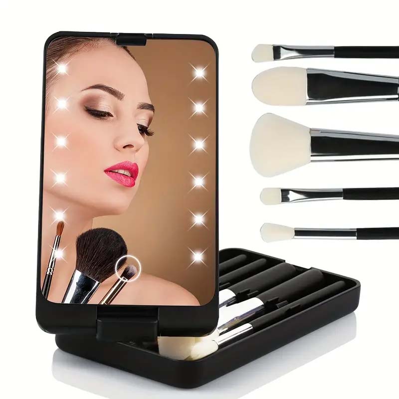 Resande makeupborsteset med LED-ljus spegel