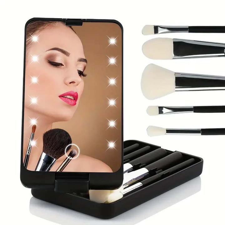 Resande makeupborsteset med LED-ljus spegel
