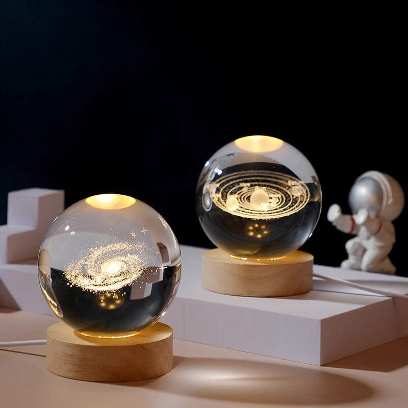 3D Kristallkula Nattlampa Med Träbas