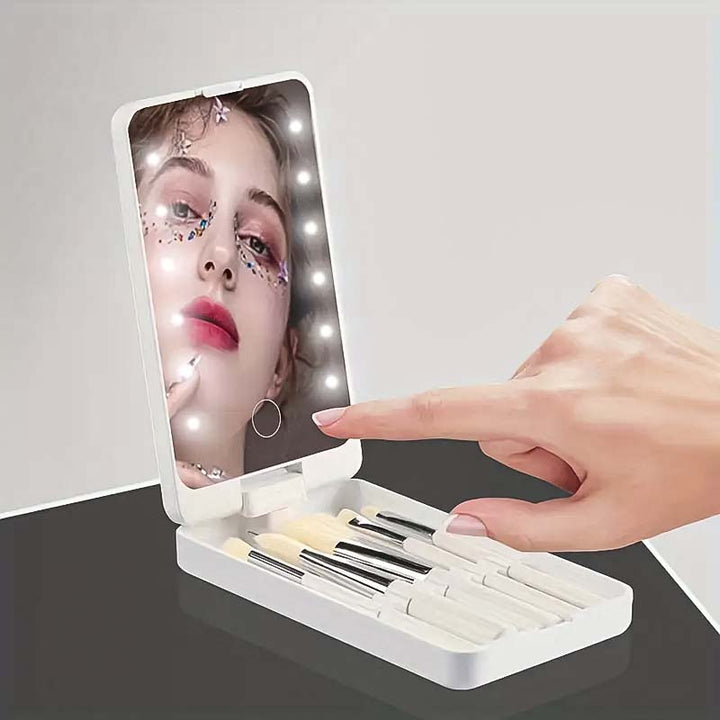 Resande makeupborsteset med LED-ljus spegel