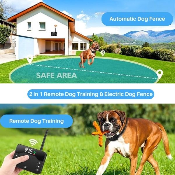 2-i-1 Trådlösa Hundträningshalsband och Hundstängsel Ljudkontroll Elektrisk och Vibrerande Stöt Hundhalsband Stängsel Från 20 till 500 Meter