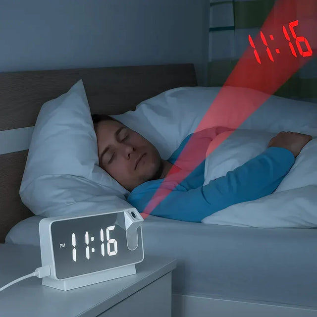 Projektionsväckarklocka | LED-display med spegelyta | Dubbelalarm & Temperatur | 19 cm