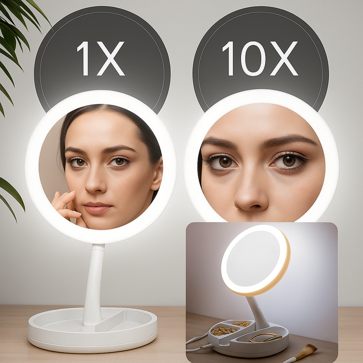 Sided Förstoringsspegel – LED-belysning – 10× Förstoring – Makeup &amp; Plockning