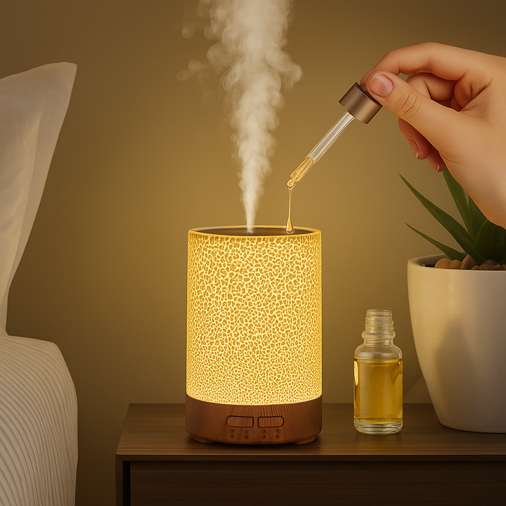 Essentiell Oljediffusor med LED Nattlampa – Tyst Kylig Dimma – Sovrum &amp; Hem Avkoppling