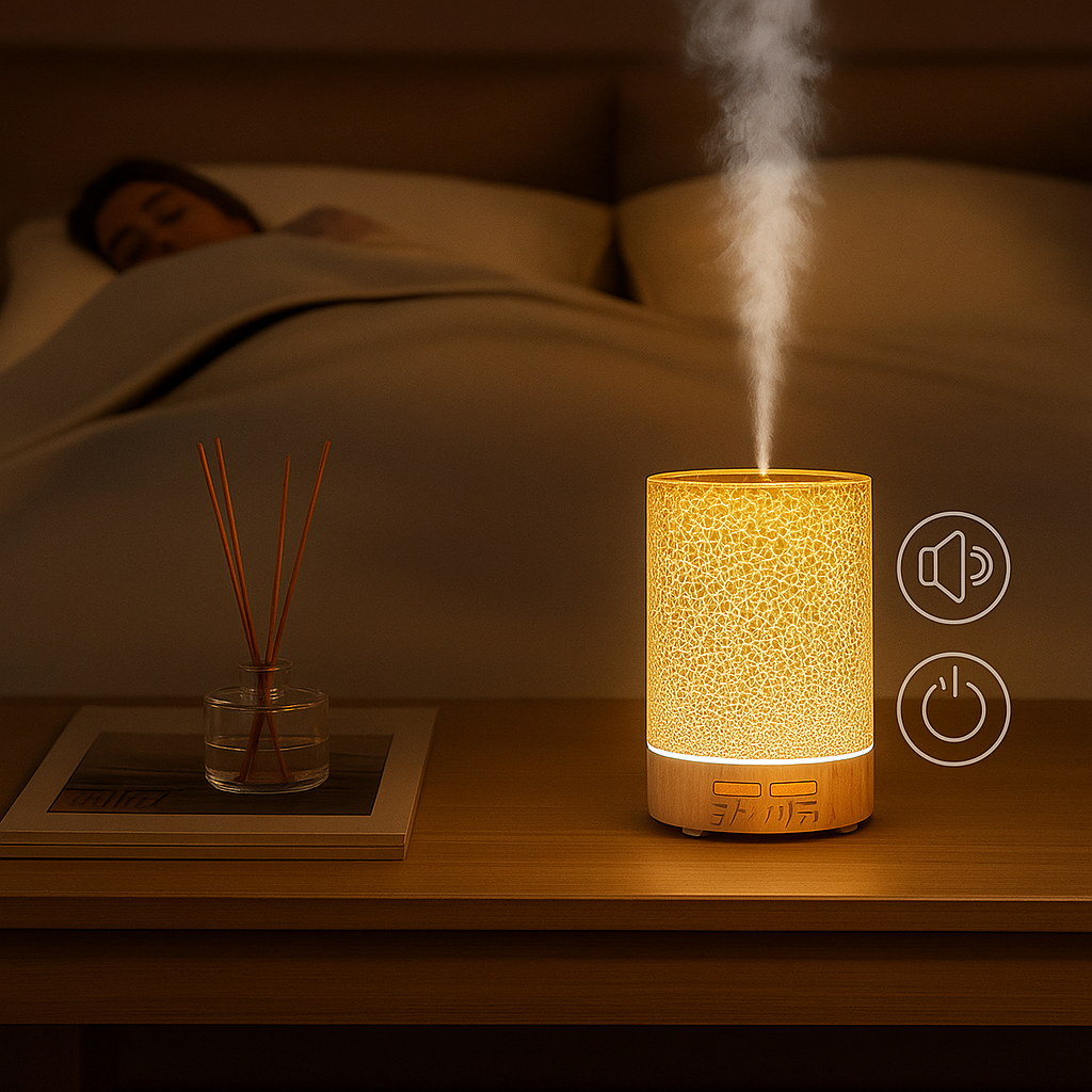 Essentiell Oljediffusor med LED Nattlampa – Tyst Kylig Dimma – Sovrum &amp; Hem Avkoppling