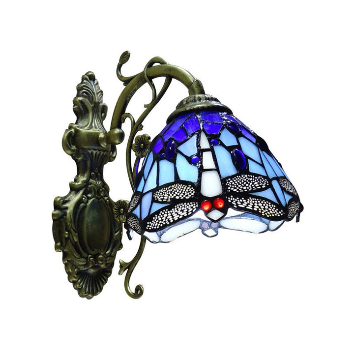 Handskuren Glas Trollslända Vägglampa Tiffany Stil 1 Ljus Väggmonterad Ljuskälla med Snidad Bakplatta