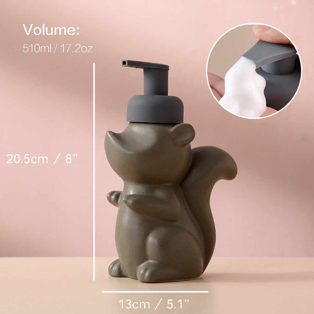 Keramisk Tvålbehållare, Ekorre Skumpump Badflaska, Djurdesign, Påfyllbar Återanvändbar Lotionpump för Badrum Kök, 510ml/17.2oz