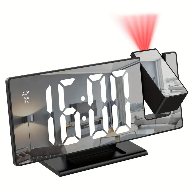 180° Justerbar LED-projektionsväckarklocka – Snooze, 12/24H Tids- och Temperaturvisning, Spegeldesign – USB-driven, Nattläge &amp; Minnesfunktion
