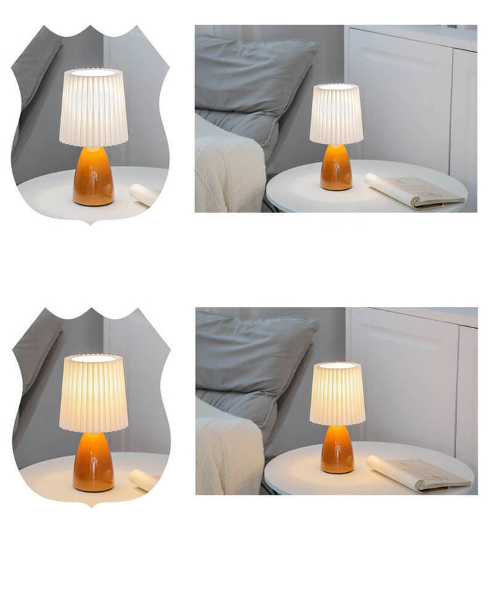 Skandinavisk Retro Bordslampa med Plisserad Skärm och Glasbas