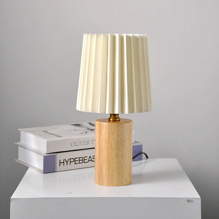Vintage Koreansk Plisserad Kolonn Solid Trä Bas 1-Ljus Bordslampa