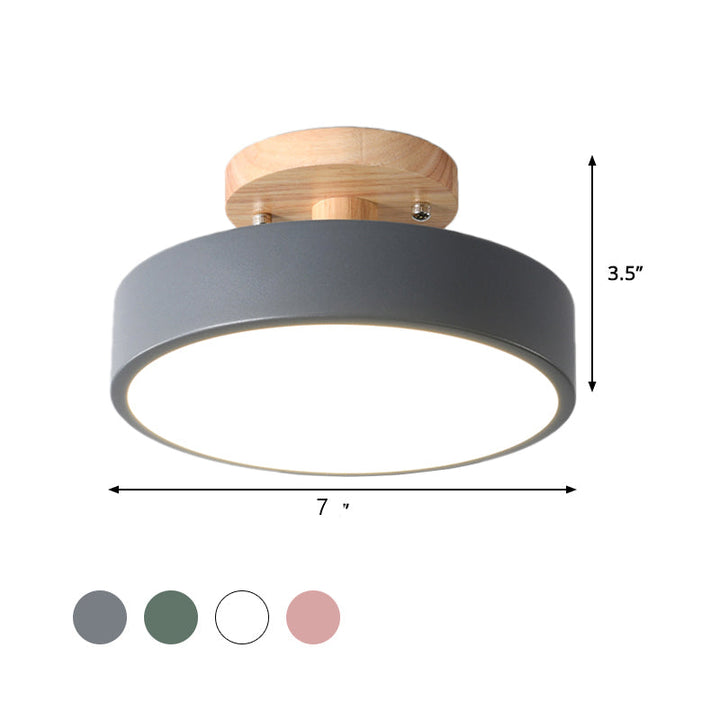 Skandinavisk LED Taklampa med Trä | Modern Trommelform för Hallar och Entréer | Energibesparande Belysning