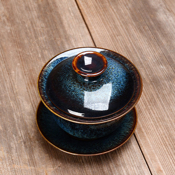 Vintage Ugn Keramisk Gaiwan Sancai Tekopp Tekopp och Fat med Lock