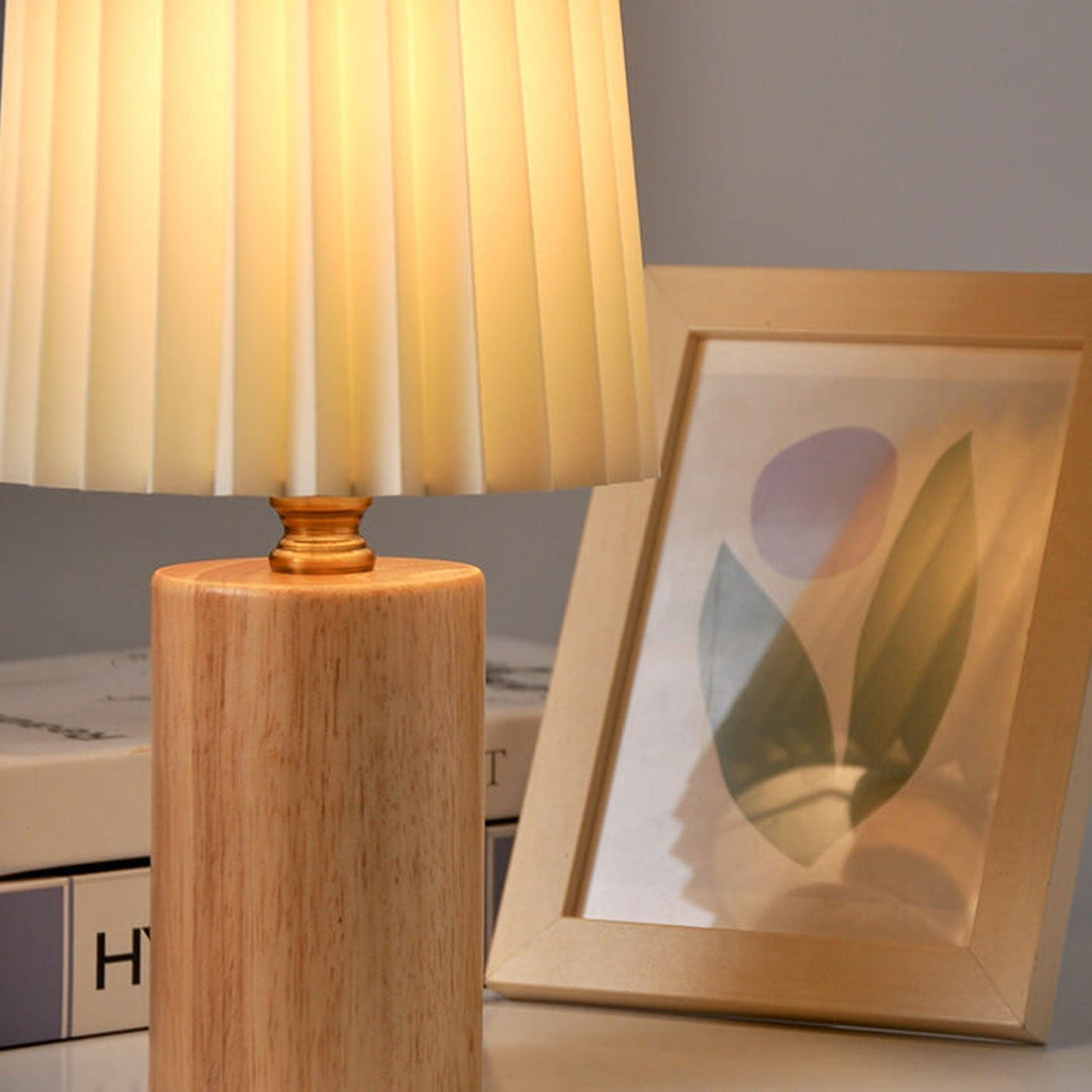 Vintage Koreansk Plisserad Kolonn Solid Trä Bas 1-Ljus Bordslampa