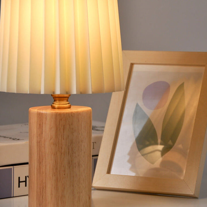 Vintage Koreansk Plisserad Kolonn Solid Trä Bas 1-Ljus Bordslampa