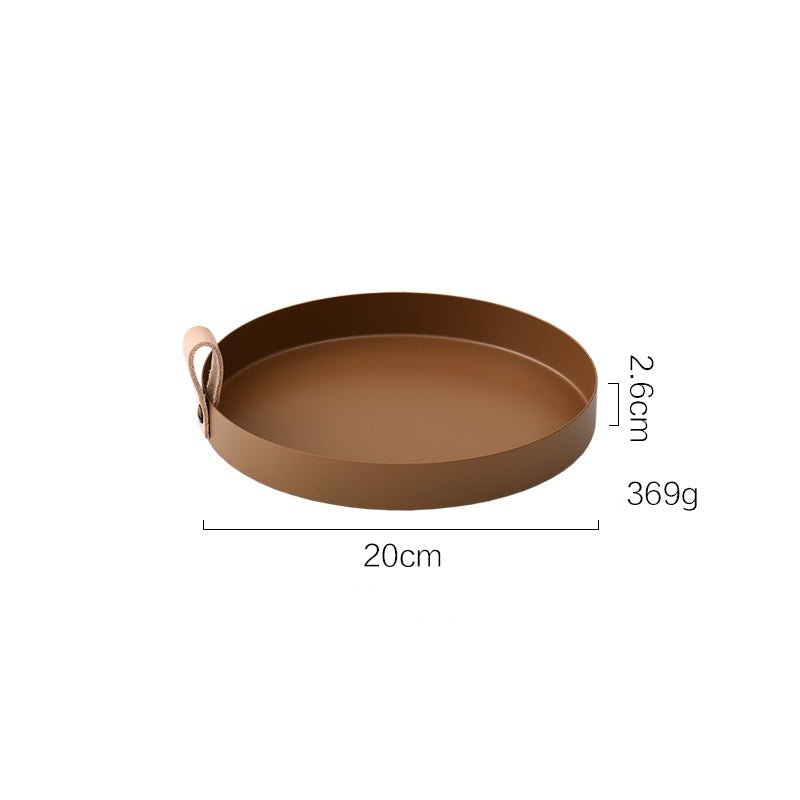 Nordisk stil läderhandtag smidd järn rund bricka färg förvaring platta vatten glas platta heminredning