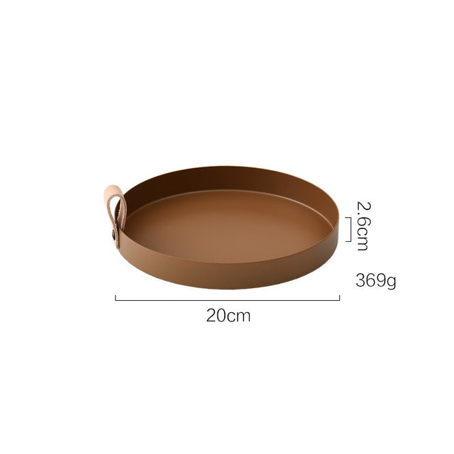 Nordisk stil läderhandtag smidd järn rund bricka färg förvaring platta vatten glas platta heminredning