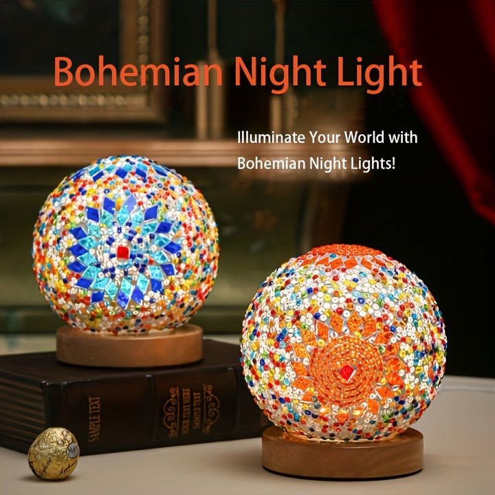 Mosaikglasboll bordslampa med träbas - Turkiskt marockanskinspirerad