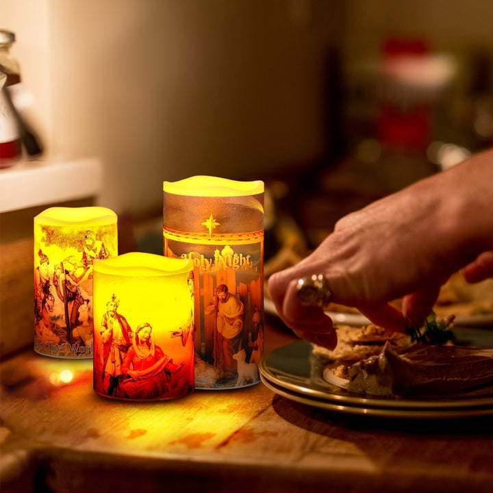 Flamefria LED-julgranar – 3-pack batteridrivna helgnattljus med timer och nativity-tema för en varm julstämning