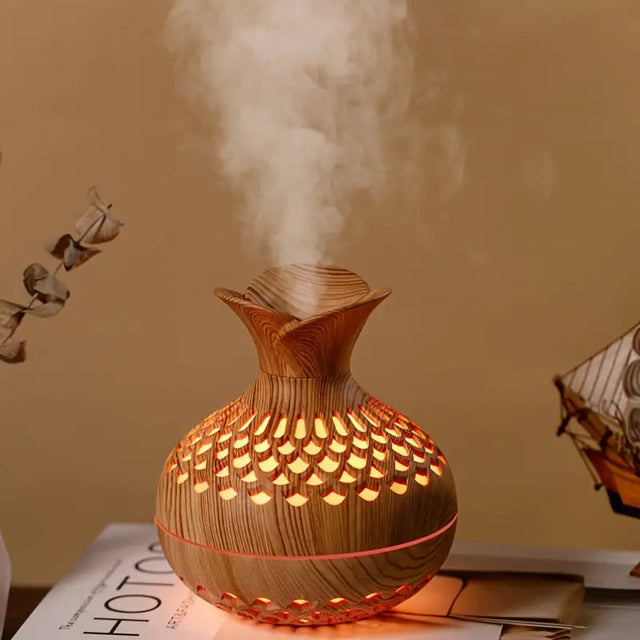Aromaterapi luftfuktare med LED – Diffuser i trälook & nattljus