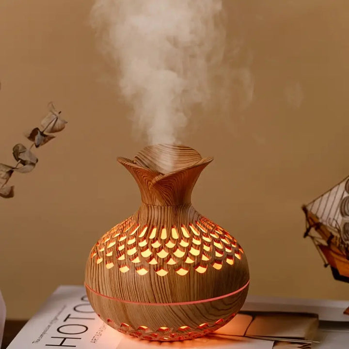 Aromaterapi luftfuktare med LED – Diffuser i trälook &amp; nattljus