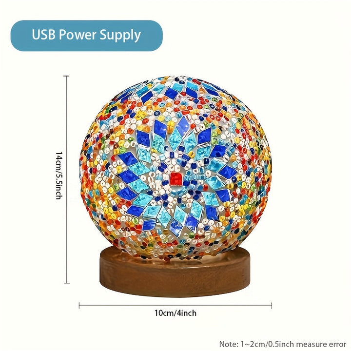 Mosaikglasboll bordslampa med träbas - Turkiskt marockanskinspirerad