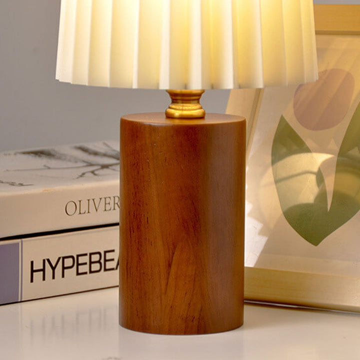 Vintage Koreansk Plisserad Kolonn Solid Trä Bas 1-Ljus Bordslampa