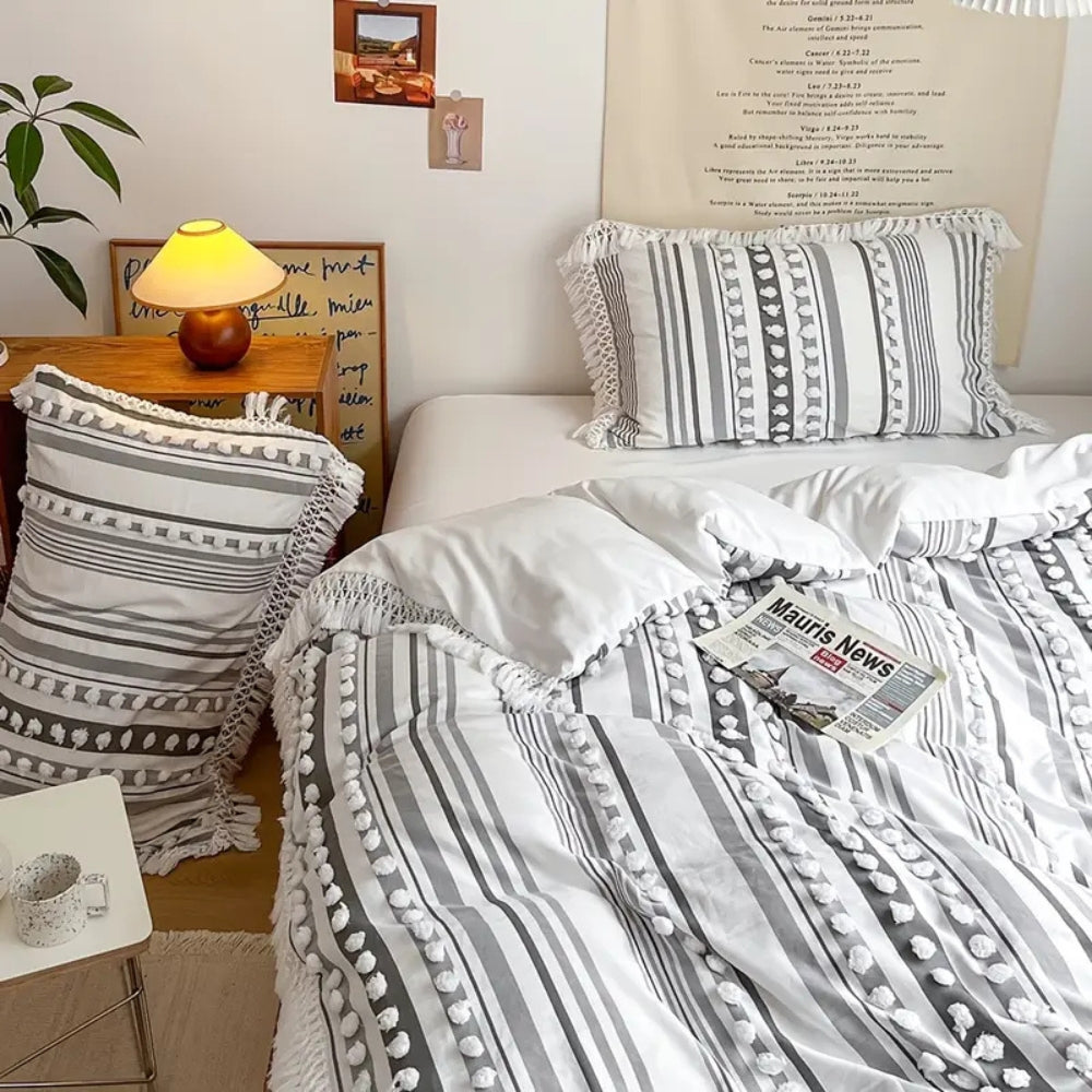 Mjukt Randig och Fringed Duvet Set | 3 delar