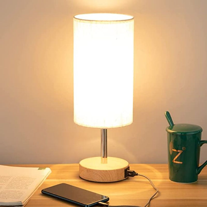 Lampa med USB-anslutning Touch-Control Bordslampa för Sovrum Trä 3-stegs dimbar Sänglampa med Rund Linne Skärm för Vardagsrum, Studentrum, Hemmakontor