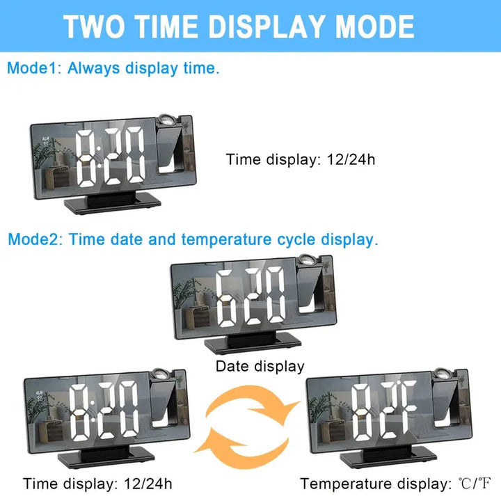 180° Justerbar LED-projektionsväckarklocka – Snooze, 12/24H Tids- och Temperaturvisning, Spegeldesign – USB-driven, Nattläge &amp; Minnesfunktion