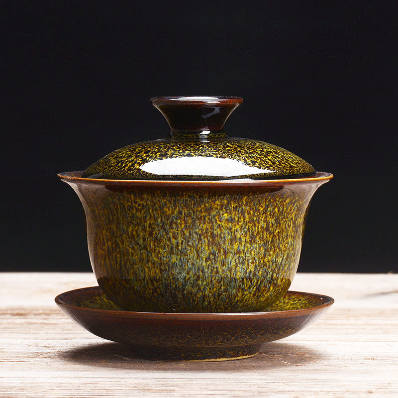 Vintage Ugn Keramisk Gaiwan Sancai Tekopp Tekopp och Fat med Lock
