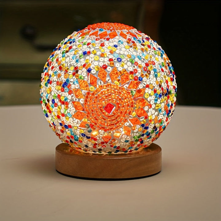 Mosaikglasboll bordslampa med träbas - Turkiskt marockanskinspirerad