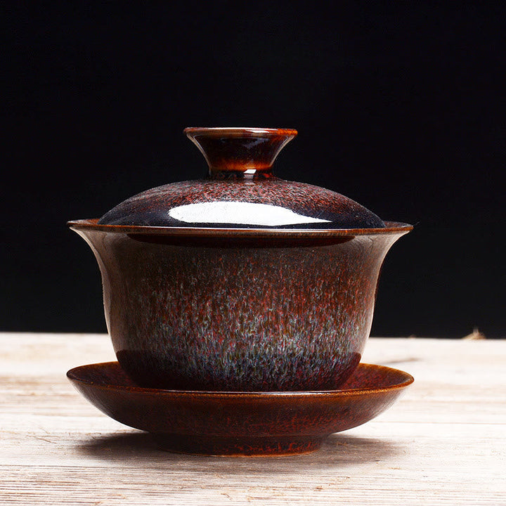 Vintage Ugn Keramisk Gaiwan Sancai Tekopp Tekopp och Fat med Lock