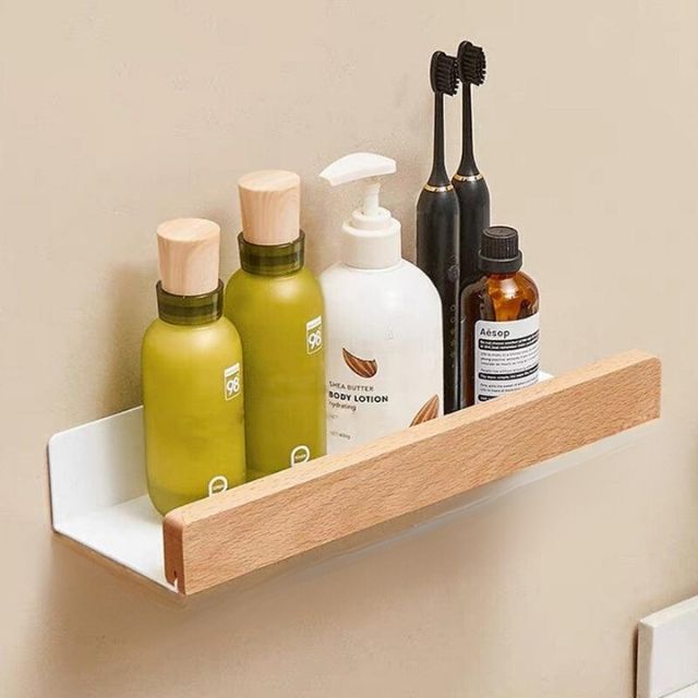 Solid Wood Bathroom Organizer Shelves Without Drilling
